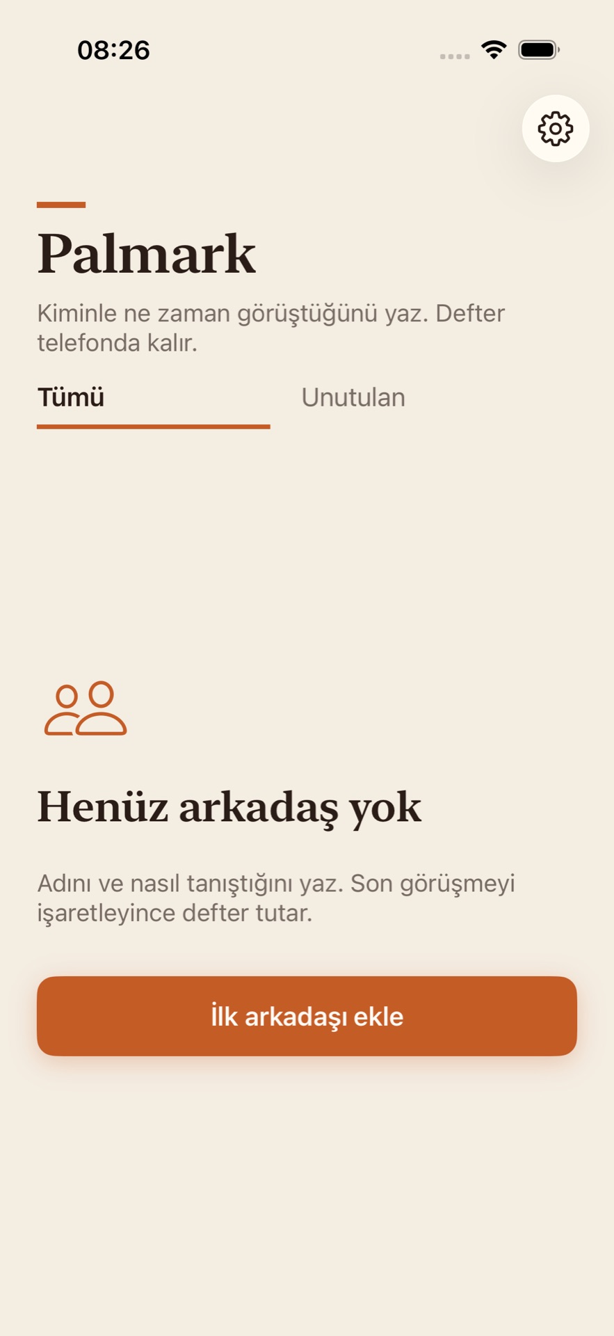 Palmark boş defter: Henüz arkadaş yok ve İlk arkadaşı ekle