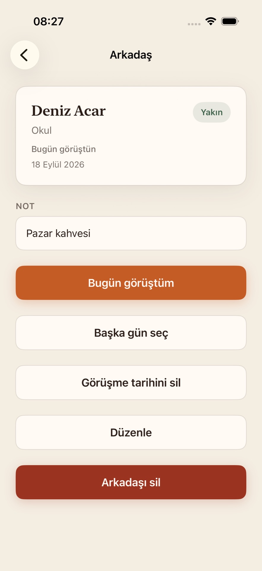 Palmark kişi detayı: Bugün görüştüm ve sil